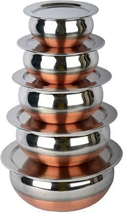 HS ENTERPRISEStainless Steel Copper Bottom Flat Induction Mirror Finish Design, Stainless Steel Copper Bottom Prabhu Chetty/Handi/Pot with Lid (Silver) -Set of 5 Pcs Handies with SS Lid 5