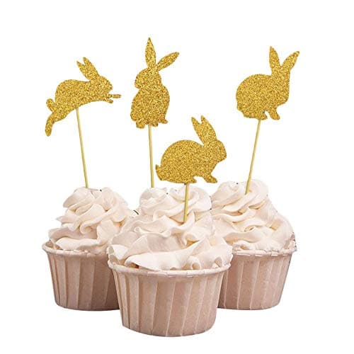 24pcs Easter Cupcake Toppers Gold Glitter Rabbit Cake Toppers Bunny Cake Decorations for Baby Shower Birthday Party Supplies