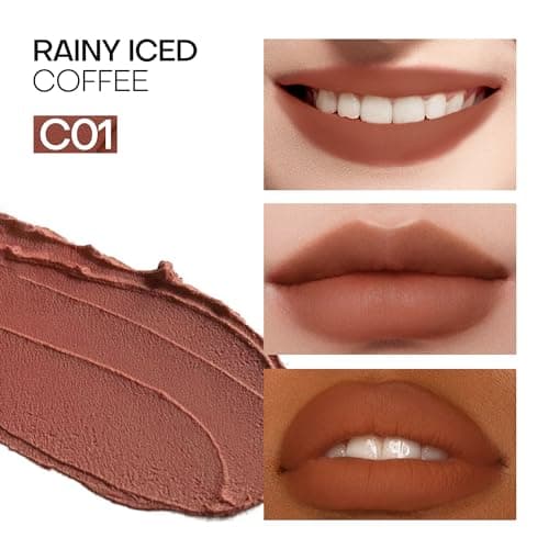 Mistine Lipstick Thai Latte Sheer Creamy Rouge Velevt Matte Finish Lipstick for Women Non-sticky C01 Rainy Iced Coffee 3.5g, 1 Count