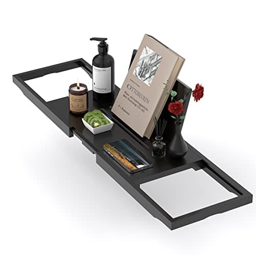 Yirilan Premium Bamboo Bathtub Tray Caddy - 1 or 2 Person Expandable Wooden Bathroom Tray,Bamboo Bathtub Tray Expandable,Bath Tub Table Caddy with Extending Sides(Black)