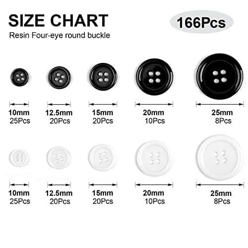 Round Sewing Buttons 166Pcs with Storage Box, Black White Mixed 4-Hole Craft Buttons, 5 Sizes Resin Button, Shirt Clothing Buttons, Suitable for Variety Clothing Sewing, Pillow Cases Sewing