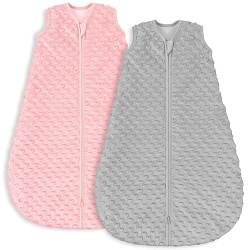 Yoofoss Baby Sleep Sack 6-12 Months with Plush Dots, 2 Pack TOG 1.5 Baby Wearable Blanket with 2-Way Zipper, Cotton Toddler Sleeping Sack Pink&Grey(Medium)