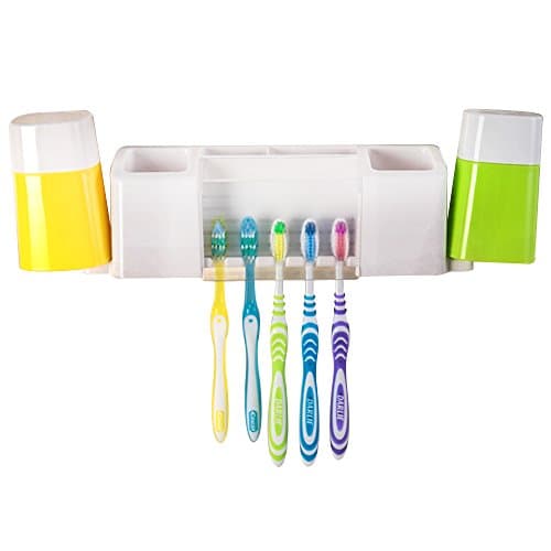 cuteadoy Toothbrush Holder, Wall Mounted Toothbrush Holder,5 Toothbrush Slots,2 Cups and 4 Storage Grids,Firm,Clean,Drill-Free,for Bathroom and Hotels (White)