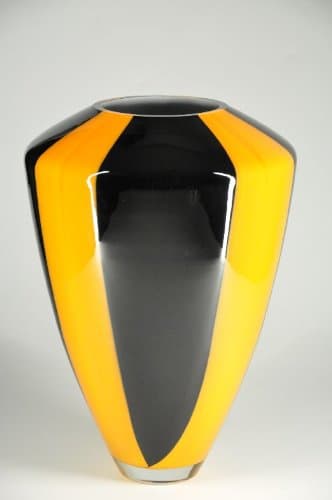 Hand-Crafted Murano Glass, Black, Orange Striped, Glass, Vase,
