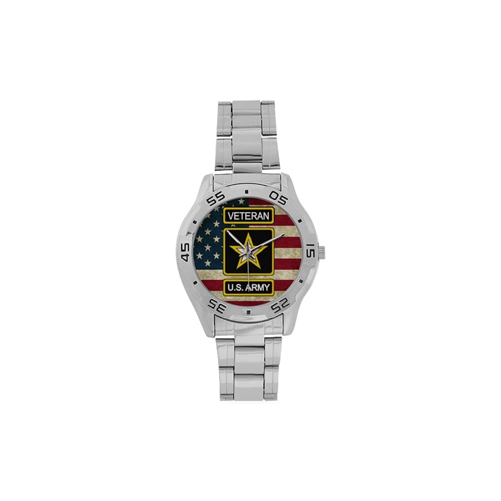 US Army WatchSpecial Design Military Veteran and American Flag Custom Men's Stainless Steel Analog Sliver Metal Case Tempered Glass
