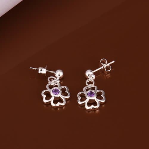 Women Fashion Jewelry Brass Base Silver Plated Hollow Flower Four Leaf Clover Stud Earring