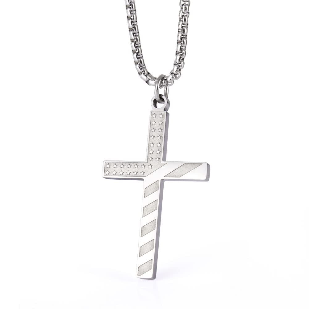 Wolentty Stainless Steel American Flag Cross Necklace Engraved Religious Philippians 4:13 Pendant Jewelry for Men
