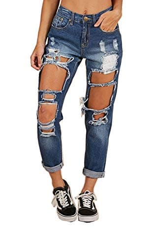 TENGFU Women's Sexy Distressed Destroyed Ripped Slim Blue Baggy Jeans Pants