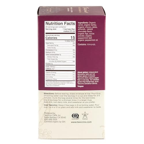 Teeccino Chocolate Peppermint Herbal Tea - Enjoy Hot or Iced Tea with Cooling Peppermint, Cocoa & Chicory, Prebiotic, Caffeine Free, Acid Free, 25 Tea Bags