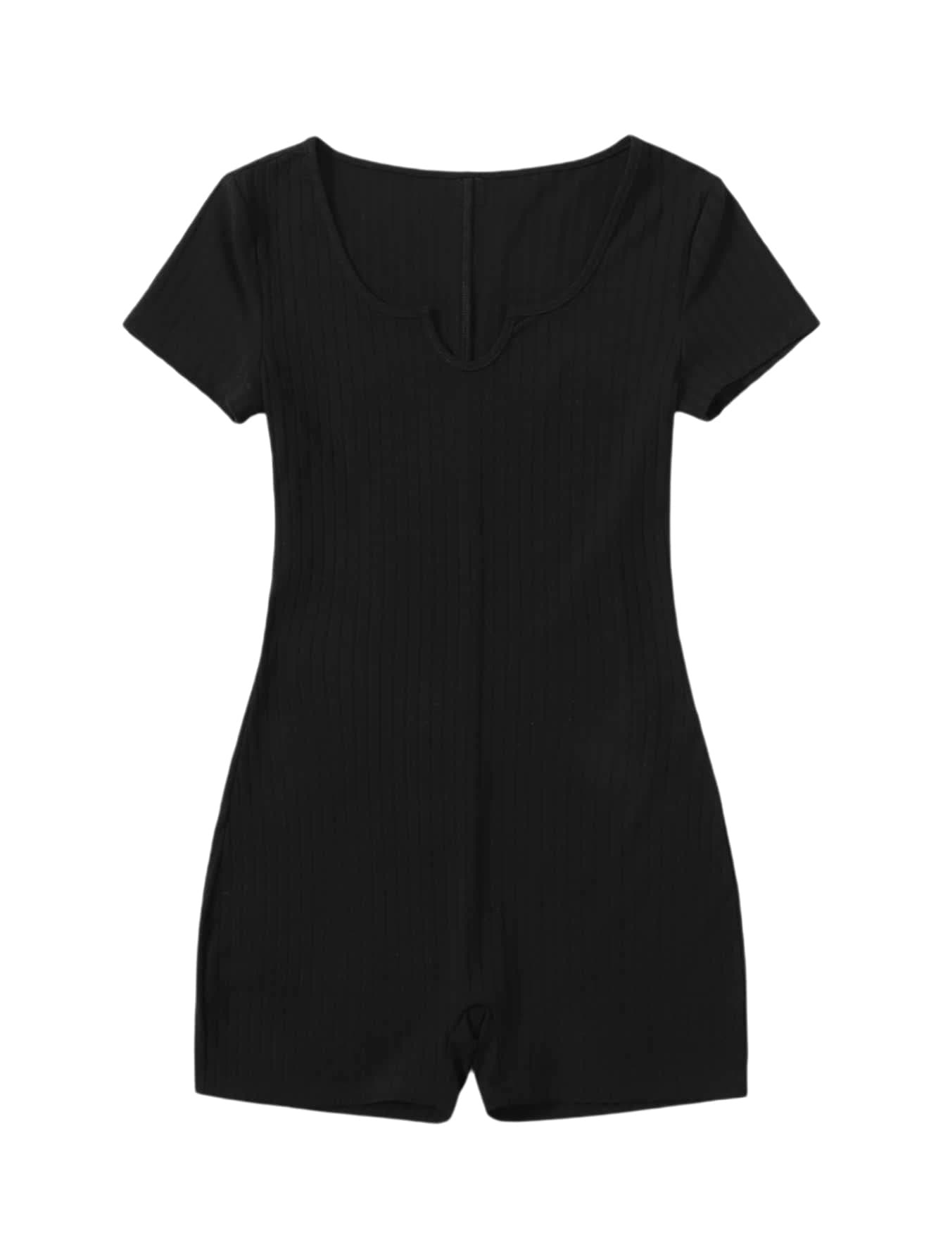 SOLY HUXWomen's Ribbed Knit Notched Neck Short Sleeve Romper Skinny Short Jumpsuit