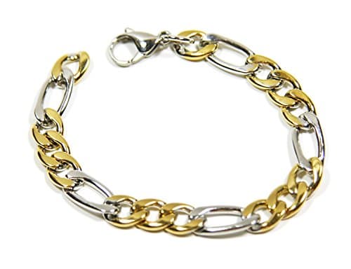 EnM Jewelry Men Women Bracelet Stainless Steel Solid Two-Tone Figaro Chain 8.5-12 inches, Silver/Gold Color, 9mm Wide