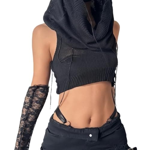Women Knitted Hoodie Sweater Vest Sexy Sleeveless Hollow Out Hooded Crop Top Streetwear Rave Oufit