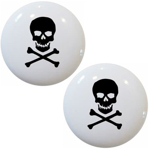 Set of 2 Black Skull & Crossbones Ceramic Cabinet Drawer Knobs