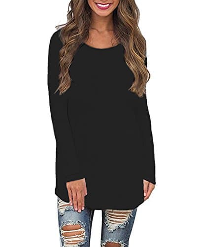 SUNNYME Women's Long Sleeve Shirts Blouses Crew Neck Solid Loose Casual Tunic Tops Sweatshirts A-Black Large