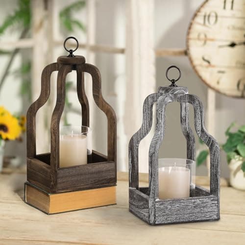 Wood Lantern Decor, Rustic Decor Candle Lantern, Outdoor Lanterns Farmhouse Candle Holder, Decorative Wedding Farmhouse Table Decor, Brownish Grey