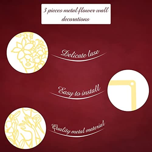 CHENGU Metal Wall Art (3 Pieces, Gold, Floral Style) - Minimalist Abstract Woman Line Drawing Wall Art Decor for Kitchen Bathroom Living Room