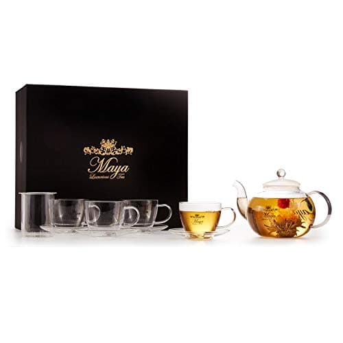 Tea Accessories Box Set With Glass Teapot (40 oz.), Infuser, 4 Teacups, and 4 Saucers for Blooming & Loose Leaf Tea and Tea Bags :: Made of Durable Borosilicate Glass