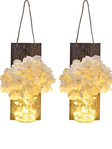 Linkbro Mason Jar Sconce Rustic Home Decor With Timer Function [2 Pack] Smarter Farmhouse Wall Decor For Living Room, Bathroom (2.Gen.), Also As Rustic Sconces, With Fairy Lights And Flowers
