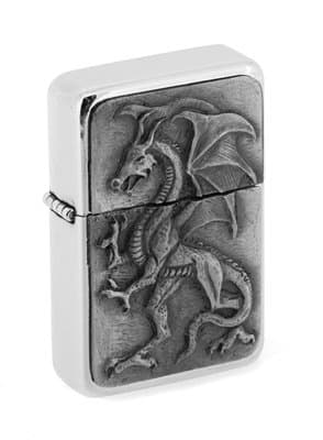 Star Chrome Lighter with an English Pewter Emblem, DRAGON, EXCLUSIVE to AJF, Personalised Engraved Free
