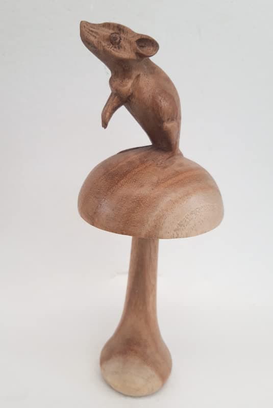 Plantation Designs Unusual Hand Carved Wooden Mouse on a Toadstool Mouse Carving 20cm