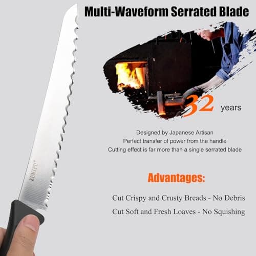 KUNIFU Bread Knife 9 Inch, Serrated Bread Slicing Knife with 5 Serration Types, Ultra Sharp High-Carbon Stainless Steel, Full Tang, Ergonomic Non-Slip Handle for Bread, Bagels, Cakes & Pastries