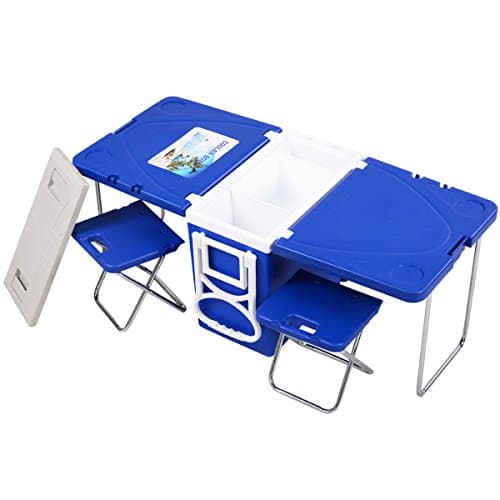 Multi Function Rolling Cooler Picnic Camping Outdoor w/ Table & 2 Chairs Blue