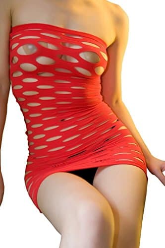 Shusheng Women's Sexy Fishnet Club Tube Seamless Mesh Hole Body Stocking Dress, Red