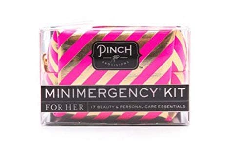 Pinch Provisions Candy Stripe Minimergency Kit, includes 17 Travel-Sized Cosmetic Essentials, Convenient for Purses, Emergency Beauty Accessories, Gifts for Holiday’s & Birthday’s, Pink