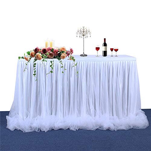 shengo Curly Willow White Tutu Table Skirt Fluffy Tulle Ruffle Tablecloths for Rectangle Table or Round Table Wedding Birthday Party and Home Favors Decor, 6ft Table Skirting