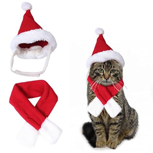 edealing Cute Santa Hat & Scarf Xmas Costume Suit Dress Up for Pet Dog Cats Fashion Christmas Accessory, Red