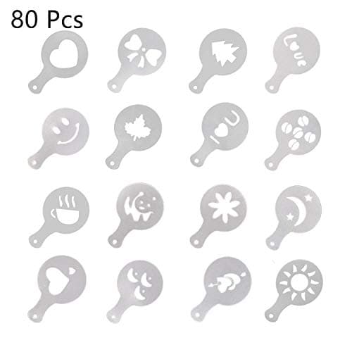 MIAO JIN 80 Pcs Food Grade Plastic Coffee Stencils Coffee Art Template Decorating Stencils for Latte Cappuccino Coffee Foam Stencils (Frosted Transparent)