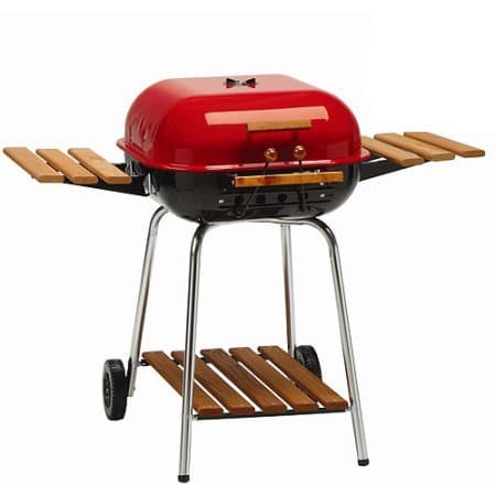 Meco Americana 21-inch, Charcoal BBQ Grill, with Adjustable Cooking Grate, Composite-Wood Folding Side Tables (2) and Lower Shelf, Red