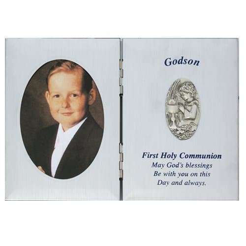 First Holy Communion Godson Gift 5 x 7 Silver Plate Picture Photo Keepsake Folding Plaque