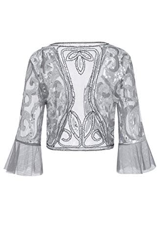 Metme Women Floral Sequin Shrug Jacket Open Front Glitter Cropped Bolero Shrugs 2/3 Bell Sleeves Lace Cardigan