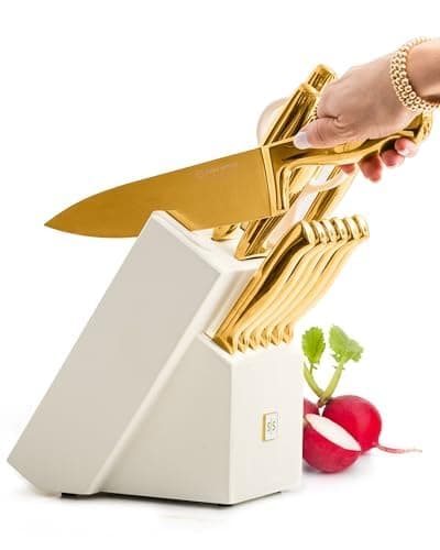 STYLED SETTINGS White and Gold Knife Set with Block – 14-PC Full Tang Titanium-Coated Stainless Steel Gold Knives and White Knife Block with Built-In Sharpener – Luxury Kitchen Accessories