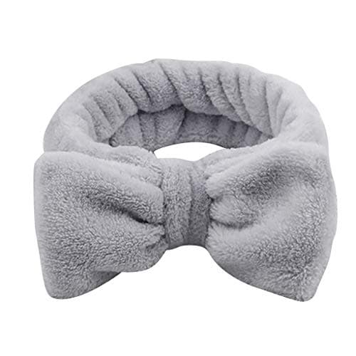 Womens Bow Hairband, Makeup Wash Face Shower Headband Coral Fleece Washable Elastic Headwear (Gray)