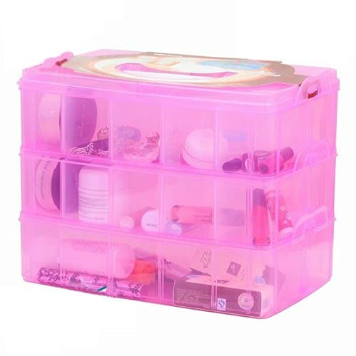 DJUNXYAN 3-Tier 30 Sections Transparent Stackable Adjustable Compartment Slot Plastic Craft Storage Box Organizer for Toy Desktop Jewelry Accessory Drawer Or Kitchen 4 Colors 3 Sizes(Large Pink)