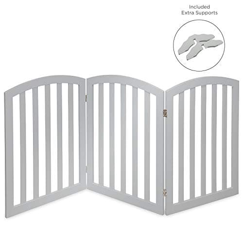 Arf Pets Free Standing Wood Dog Gate, Expands Up to 74" Wide, 31.5" Tall - Bonus Set of Foot Supporters Included – Grey Color