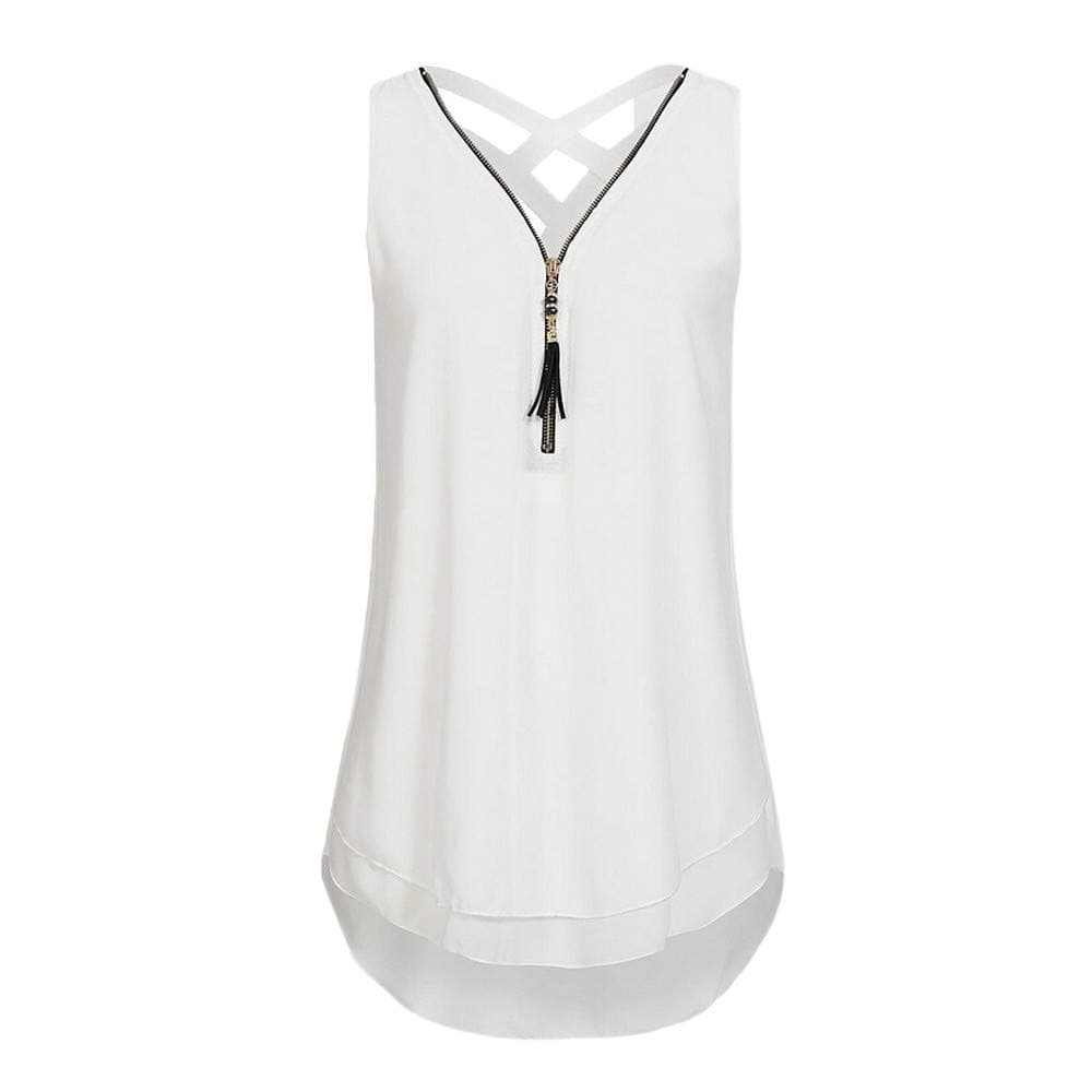 Cocila Women Loose Sleeveless Tank Top Cross Back Irregular Hem Layed Zipper V-Neck T Shirts Blouse Vest