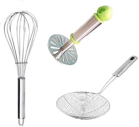Kitchen Stainless Steel deep Fry Strainer, Potato Masher & Whisk - Combo of 3 Piece, multocolor (CUTLERYCOMBO3)