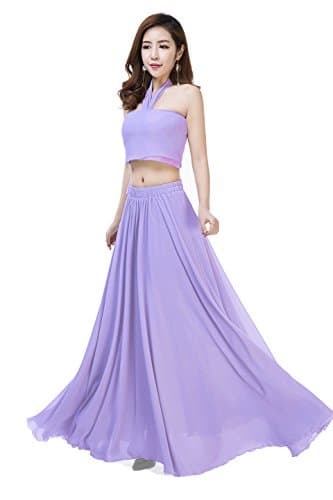 Sinreefsy Women Summer Chiffon High Waist Pleated Big Hem Full/Ankle Length Beach Maxi Skirt(Small/Lavende)