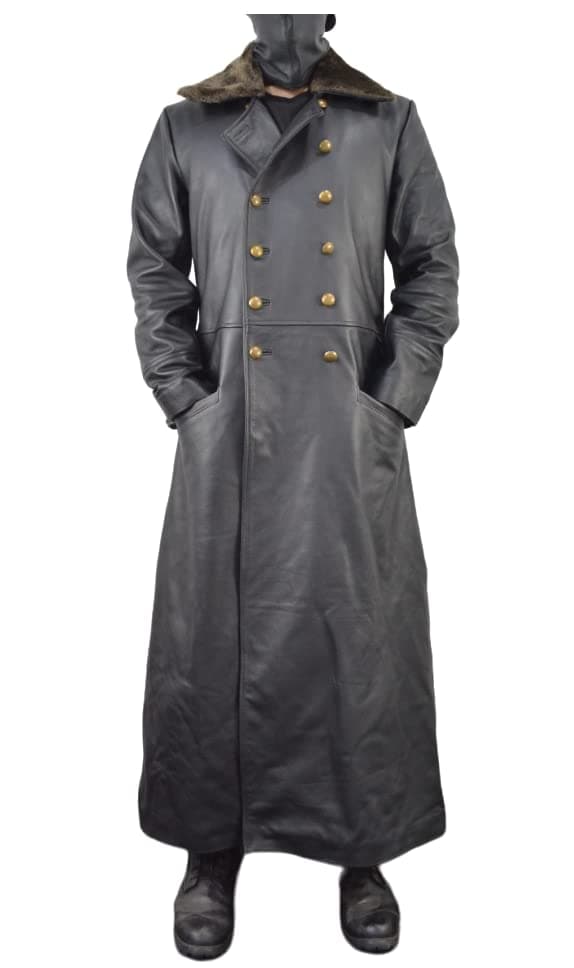 World War 2 Leather German Coat - Waffen Elite Officers Military Uniform Coat - WW2 Fur Collar Black Long Trench Leather Coat