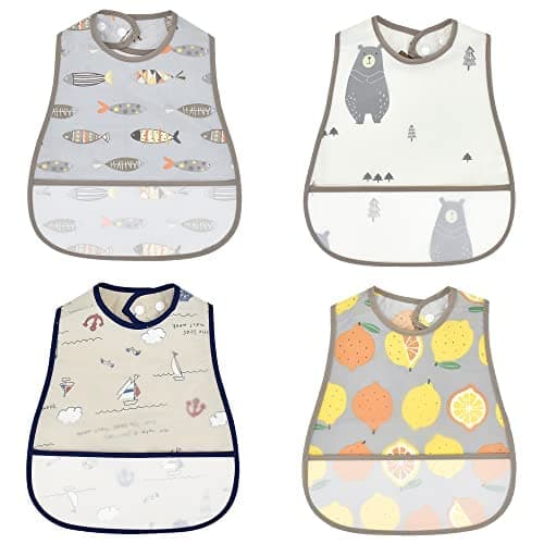 Baby Waterproof Bibs with Food Scraps Catcher Pocket Soft Adjustable Snaps Feeding Bibs For Infants Toddlers Boys and Girls