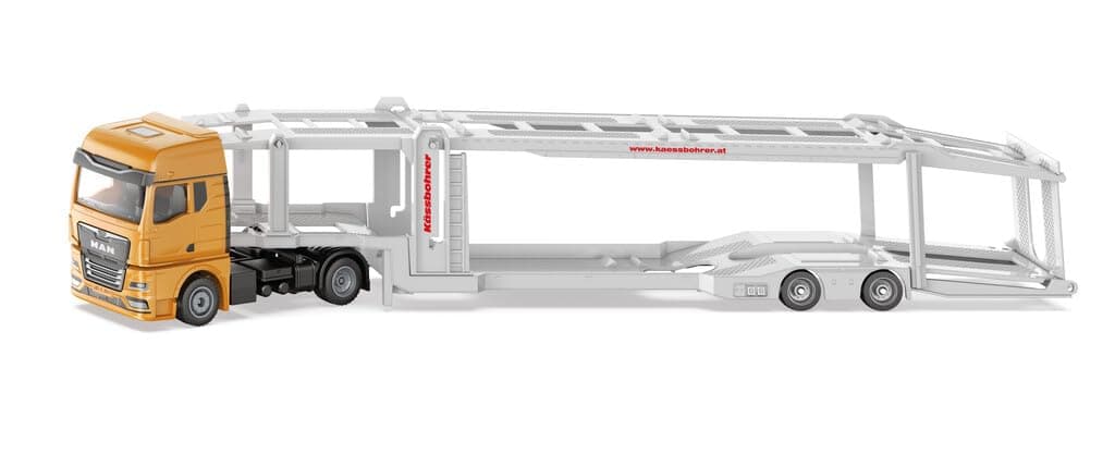 Siku 3944 Man Car Transporter, 1:50, Includes 2 Toy Cars, Metal/Plastic, Orange/Silver, Detachable Trailer, Lowerable Platform