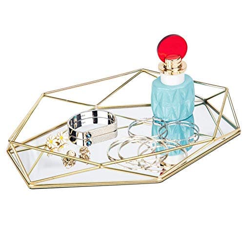 FLY SPRAY Ornate Tray Makeup Jewelry Organizer Metal Brass Mirrored Glass Tray Luxury Gold Hexagonal Desktop Simple Style Cosmetic Jewelry Box Vanity Home Décor, Perfume Plate Wedding Gifts