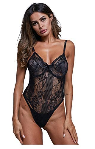 Sexy Lace Bodysuit Lingerie for Women One Piece Teddy Sheer Mesh Cupped Babydoll