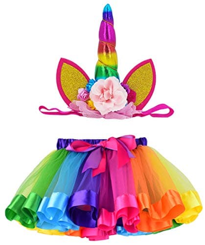 Tulle Rainbow Tutu Skirt for Newborn Baby Girls 1st Birthday Photography Outfit Sets with Unicorn Headband
