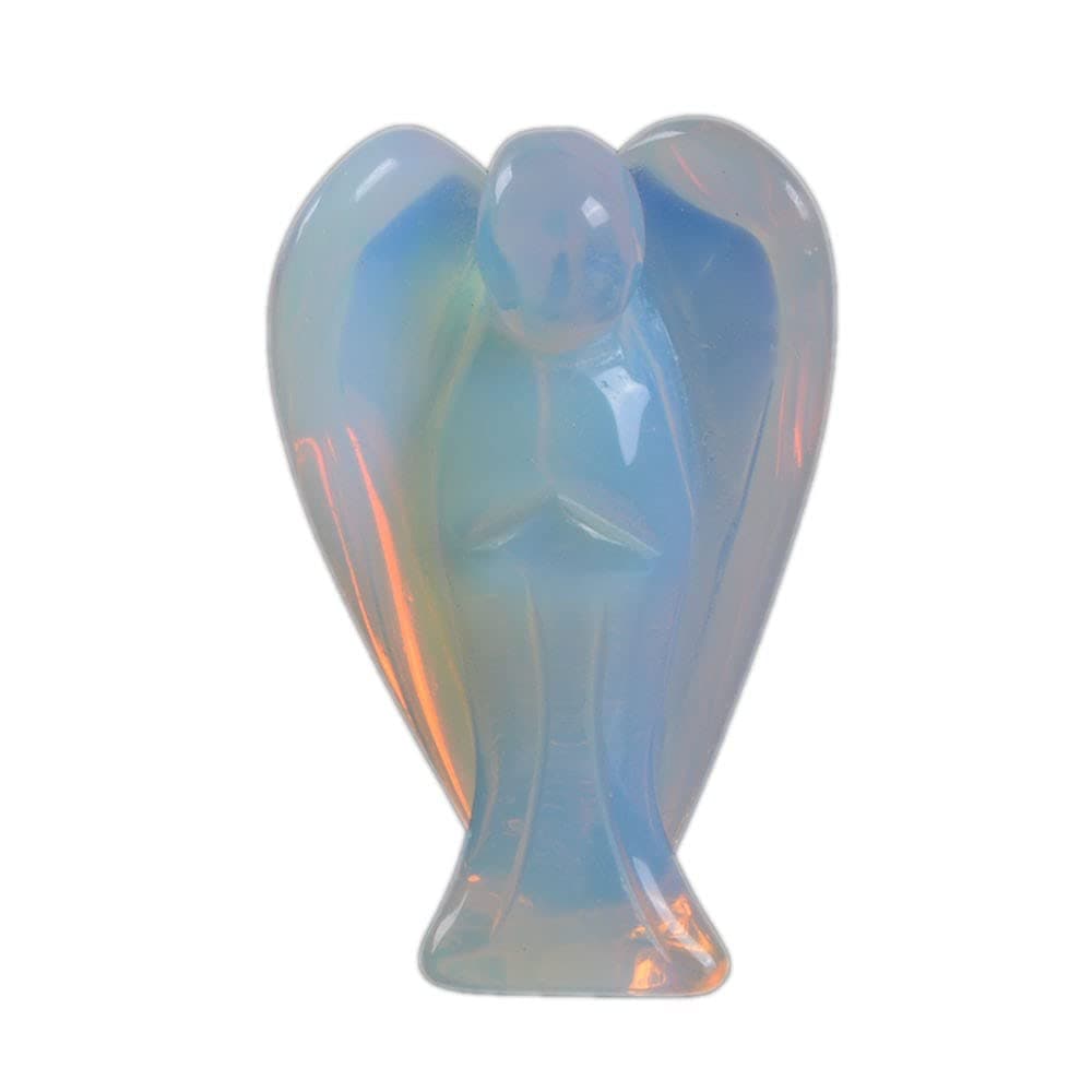 Carved Moonstone Opalite Gemstone Peace Angel Pocket Guardian Angel Healing Statue 2 inch