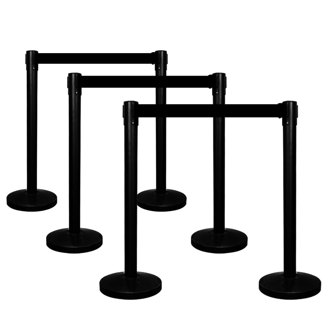Queue Barrier with 3Meter Retractable Belt | Black Crowd Control Post with Weighted Base | 4-Way Connectable Stanchion with Powder-Coated Iron Finish for Queue Management & Events - Set of 6