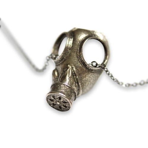Moon Raven Designs Gas Mask Pendant Necklace - Gas Mask Necklace in Oxidized Solid White Bronze on a 24 Inch Chain
